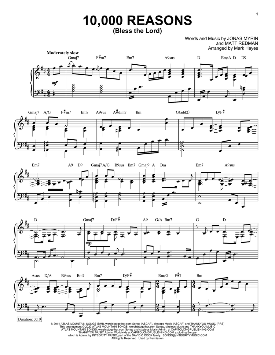 10 000 Reasons Bless The Lord arr Mark Hayes By Matt Redman Piano Solo Digital Sheet Music Sheet Music Plus