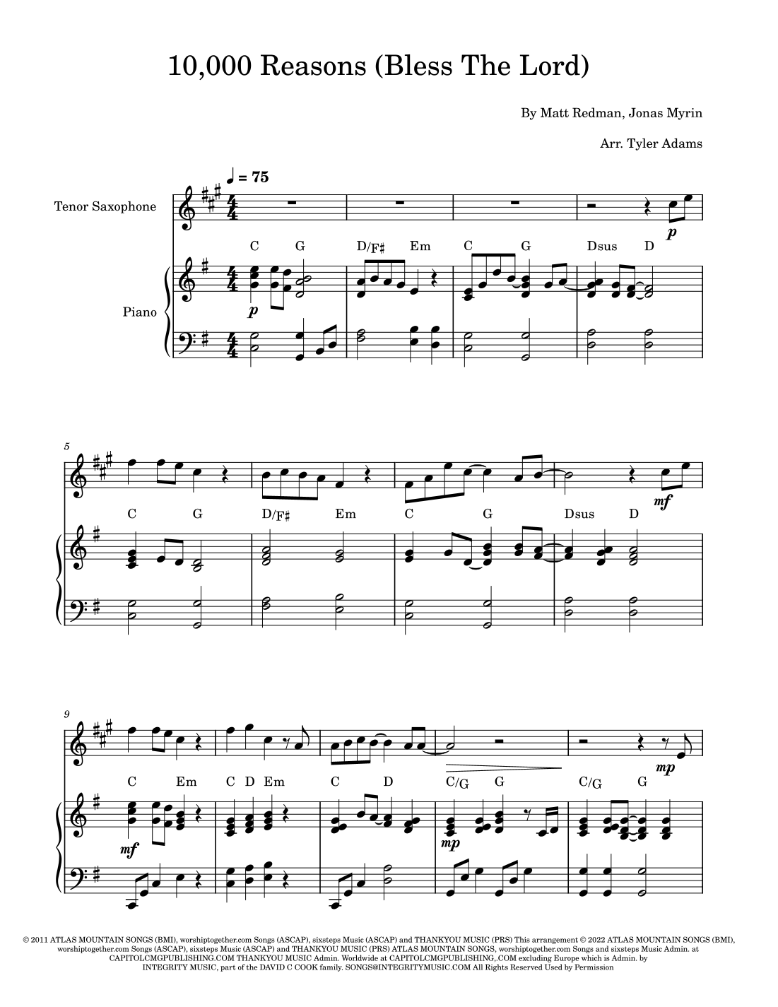 10 000 Reasons bless The Lord arr Tyler Adams By Matt Redman Sheet Music For Tenor Sax And Piano At Sheet Music Direct