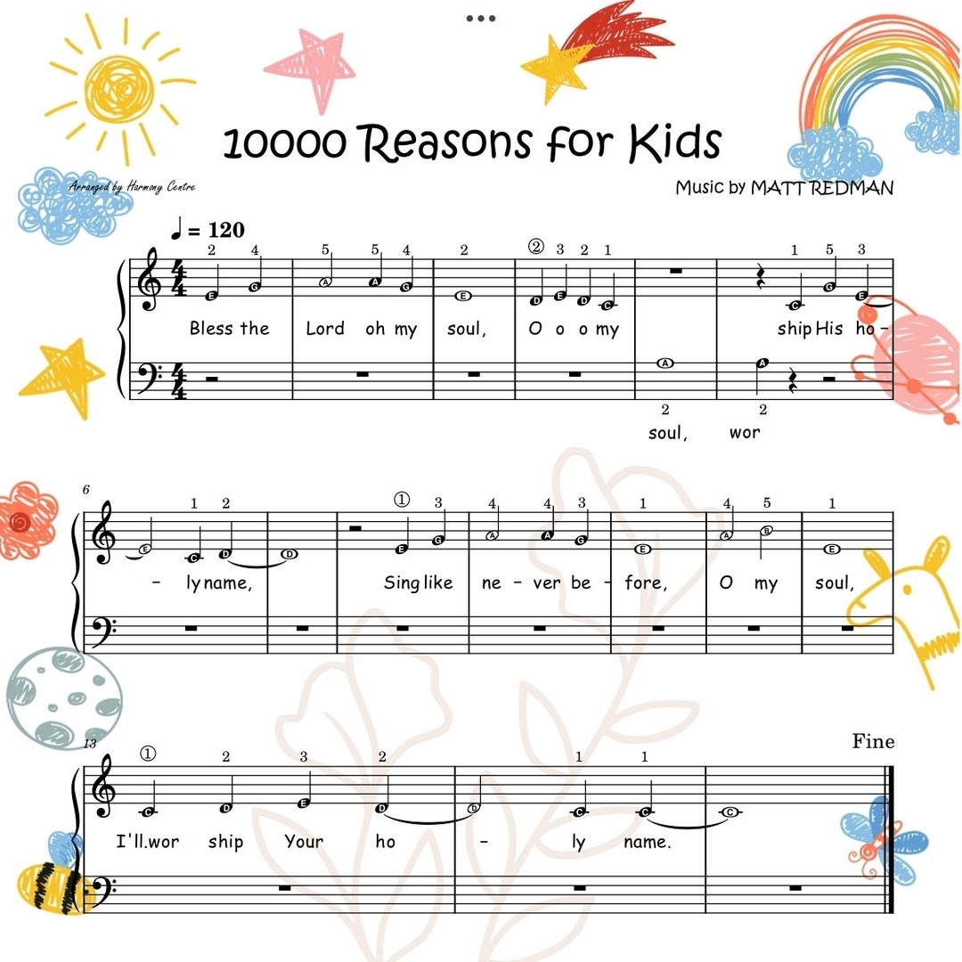 10000 Reasons For Kids bless My Soul Attractive Piano Sheet Music Score With Note Names Lyrics Finger Numbers Etsy
