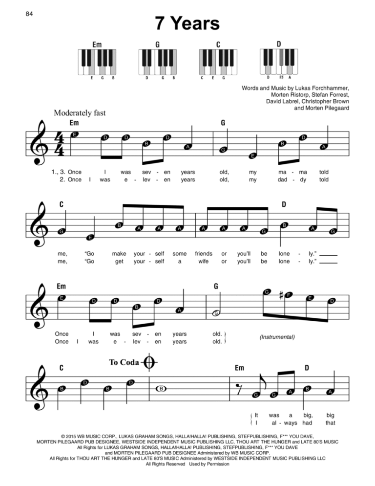 7 Years By Lukas Graham Easy Piano Digital Sheet Music Sheet Music Plus