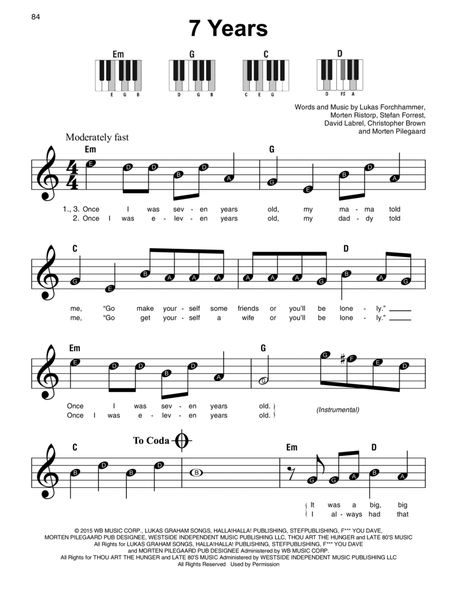 7 Years By Lukas Graham Easy Piano Digital Sheet Music Sheet Music Plus