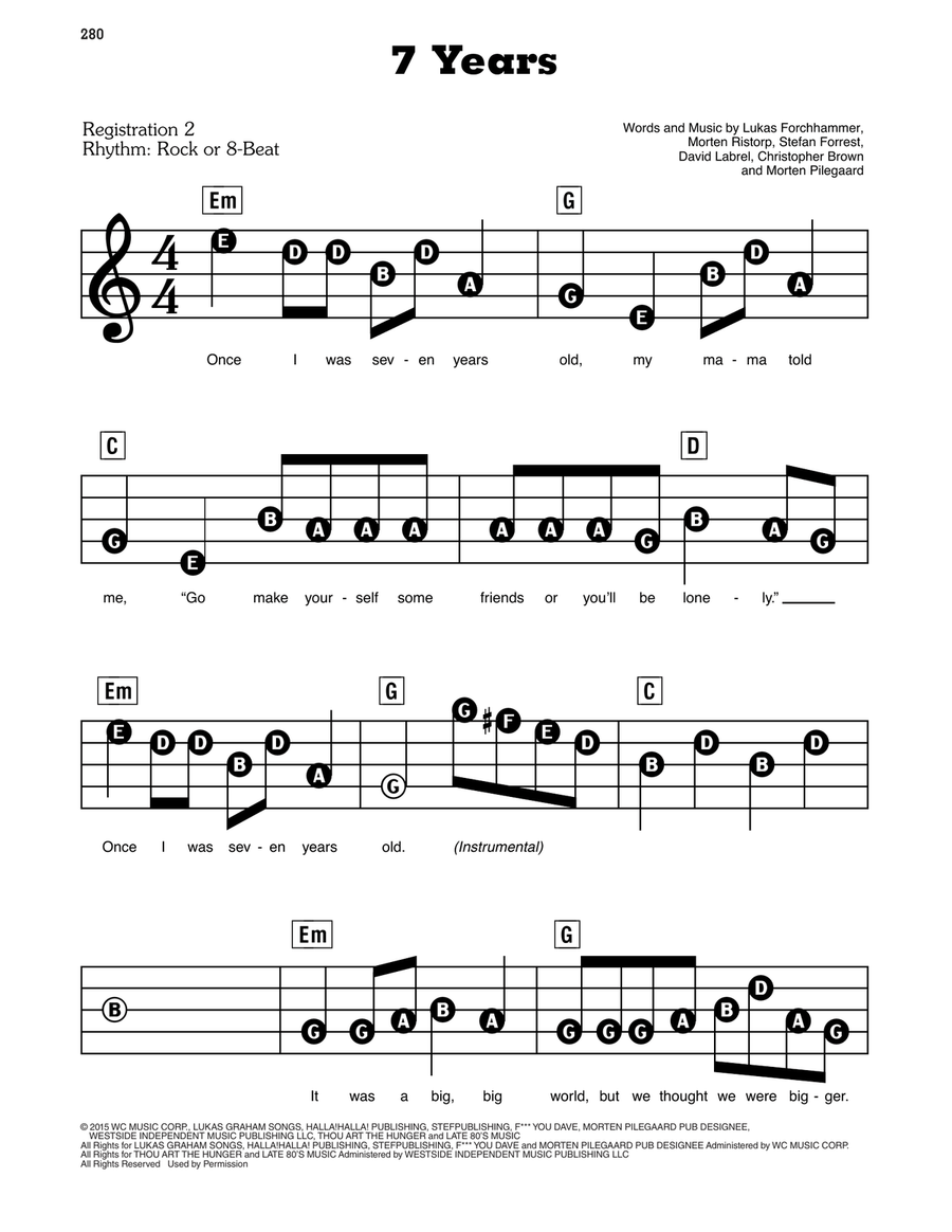 7 Years By Lukas Graham Electronic Keyboard Organ Accompaniment Easy Piano Digital Sheet Music Sheet Music Plus