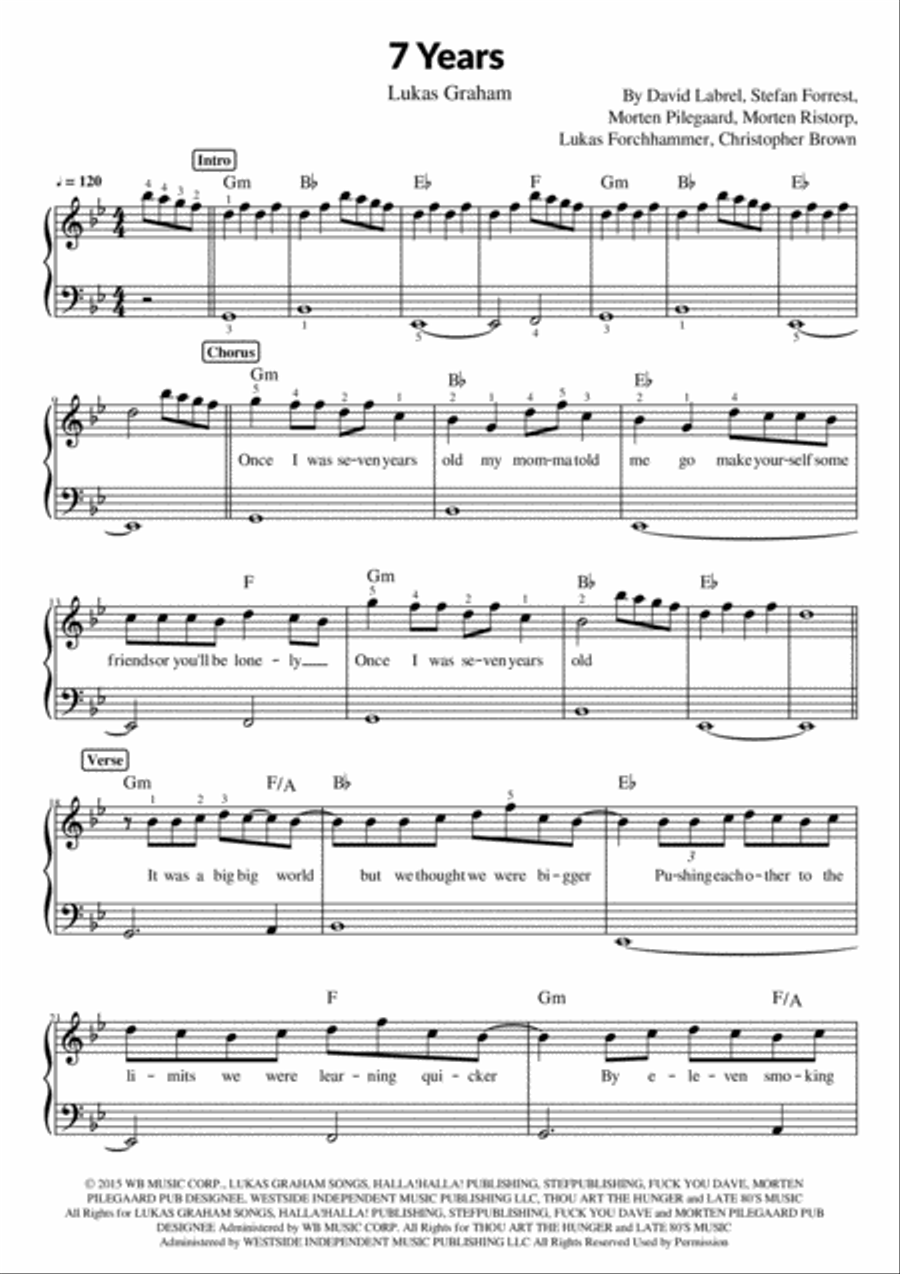 7 years piano sheet music