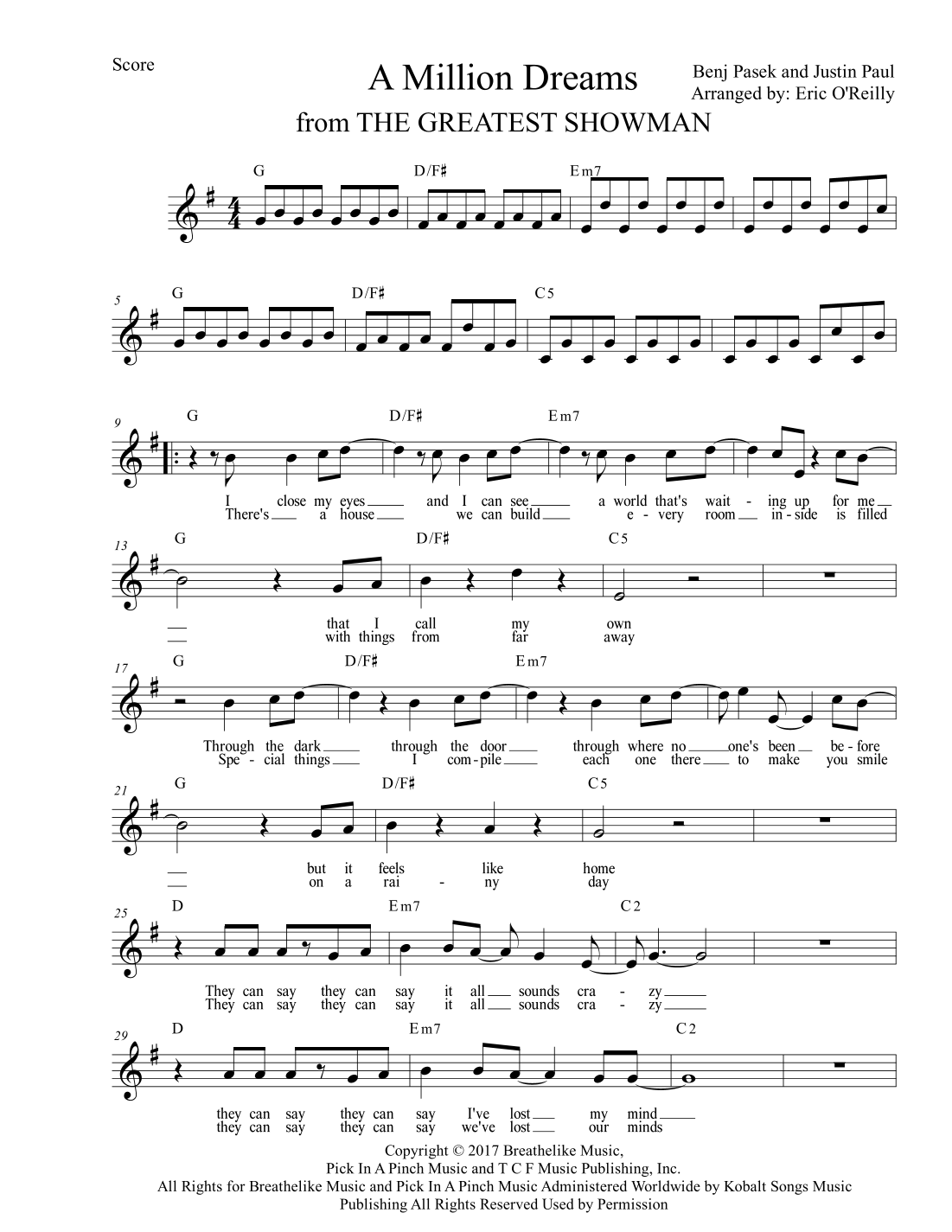 A Million Dreams arr Eric O Reilly By Pink Sheet Music For Piano Chords Lyrics At Sheet Music Direct A Million Dreams arr Eric O Reilly By Pink Sheet Music For Piano Chords Lyrics At Sheet Music Direct