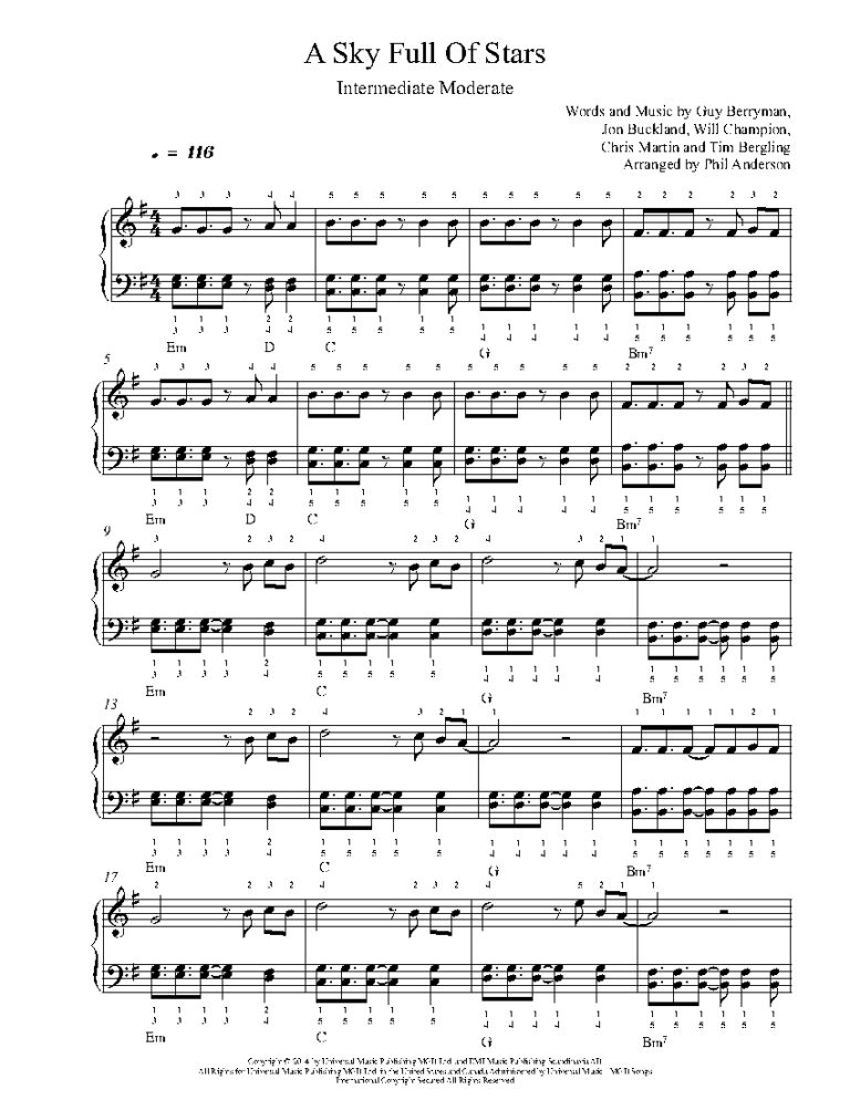 A Sky Full Of Stars By Coldplay Sheet Music Lesson Intermediate Level