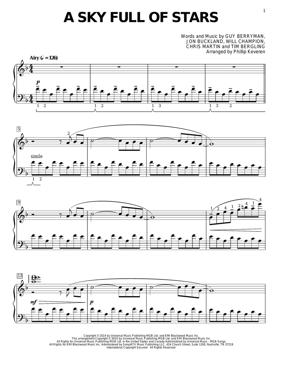 coldplay sky full of stars piano sheet music