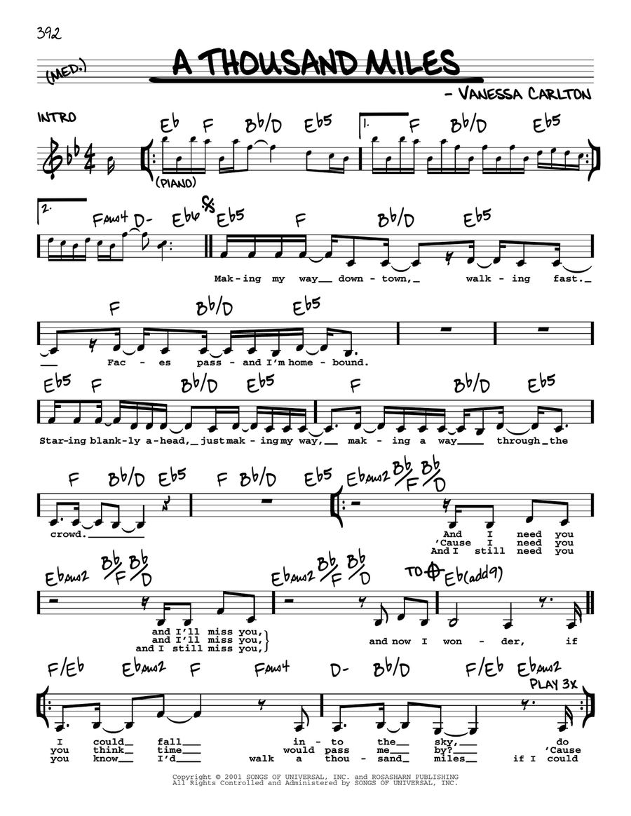 A Thousand Miles By Vanessa Carlton Piano Voice Digital Sheet Music Sheet Music Plus