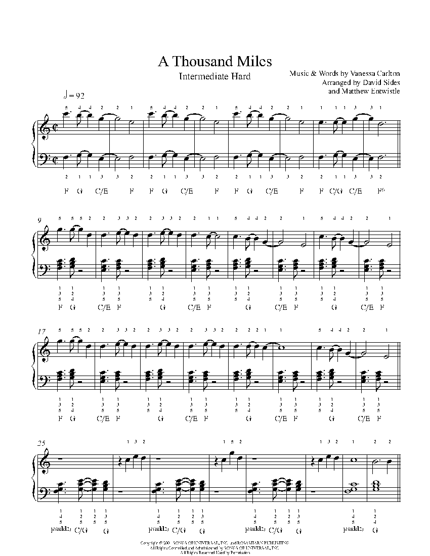 A Thousand Miles By Vanessa Carlton Sheet Music Lesson Intermediate Level