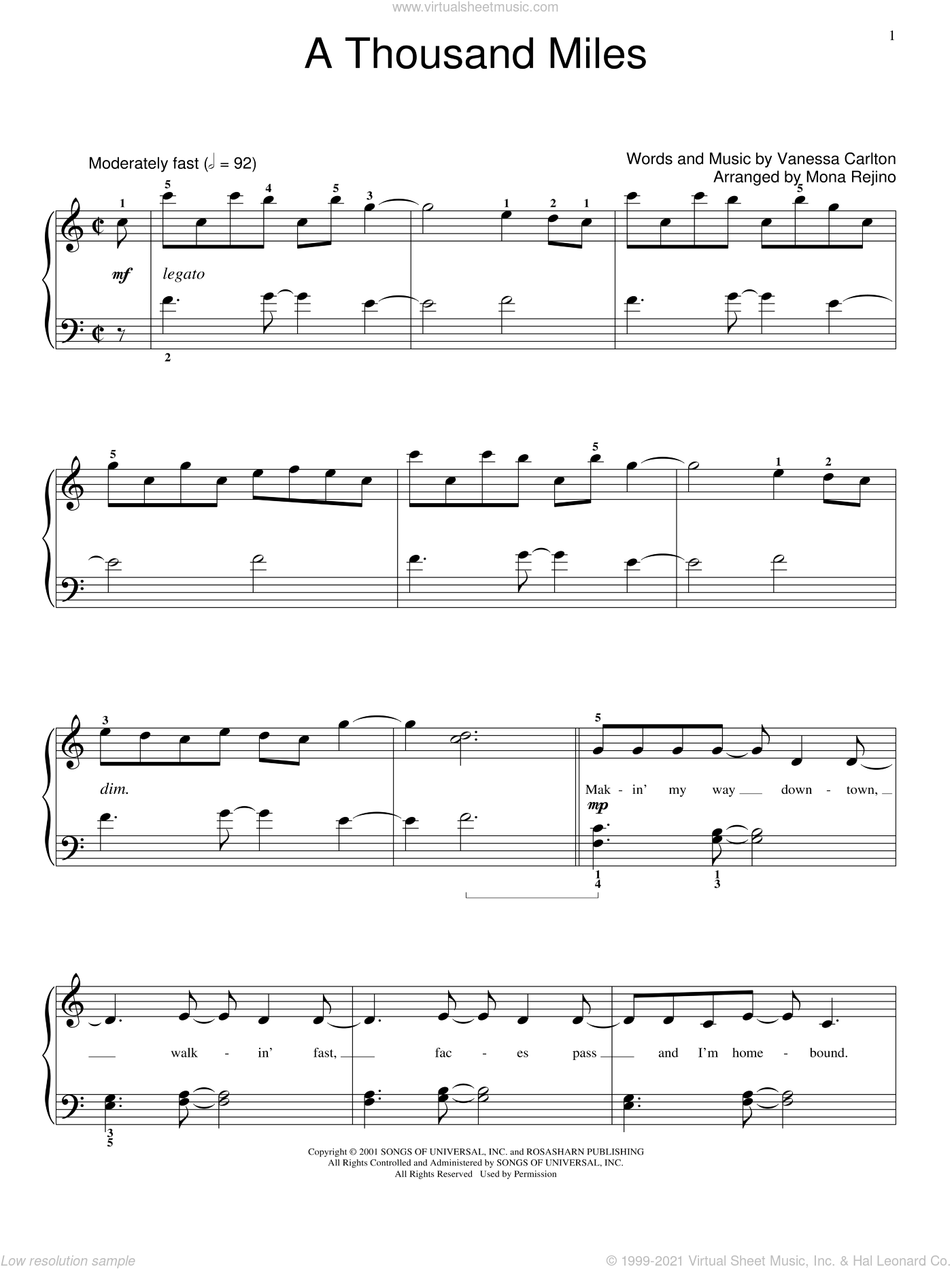 A Thousand Miles Sheet Music beginner For Piano Solo elementary 