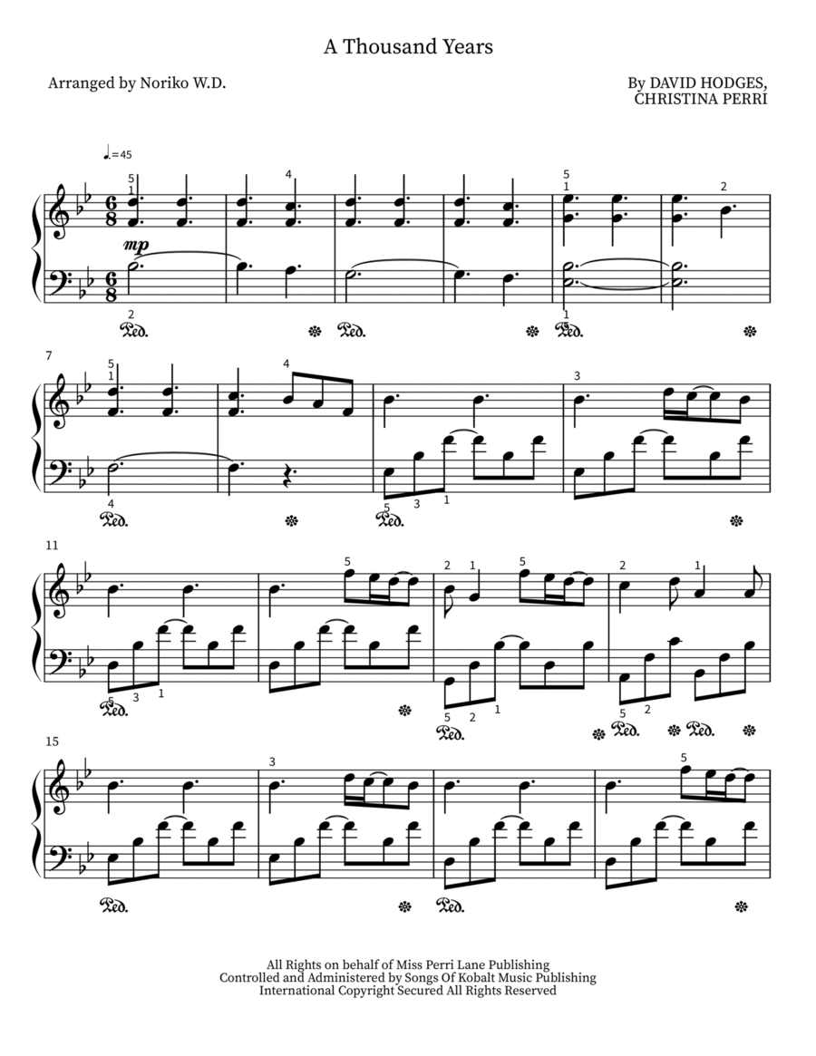 A Thousand Years arr Noriko W D By Christina Perri Sheet Music For Easy Piano At Sheet Music Direct A Thousand Years arr Noriko W D By Christina Perri Sheet Music For Easy Piano At Sheet Music Direct