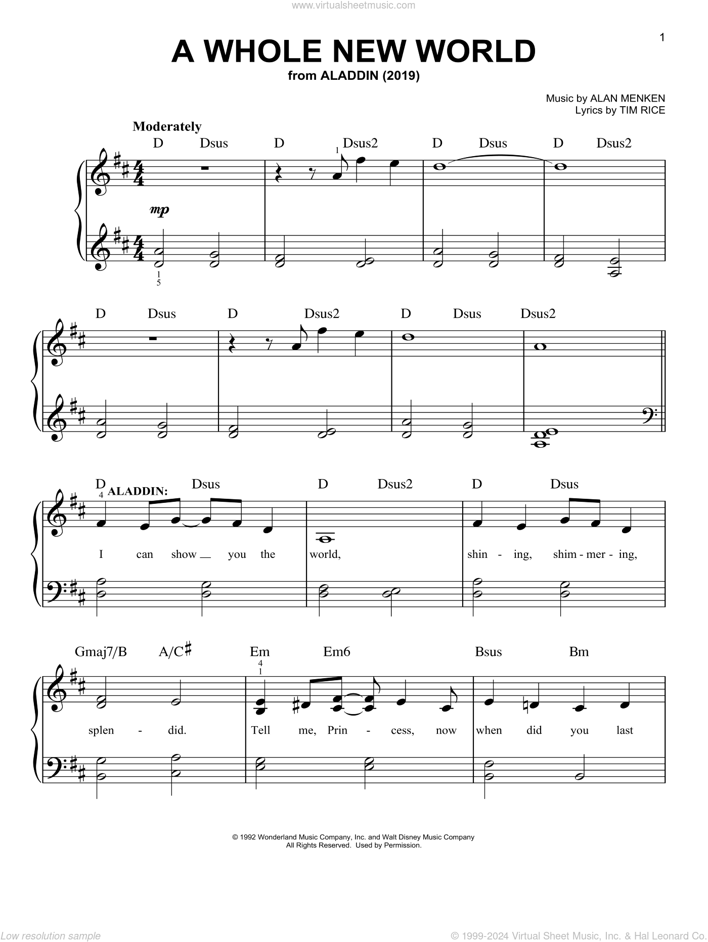 A Whole New World from Aladdin 2019 Sheet Music For Piano Solo