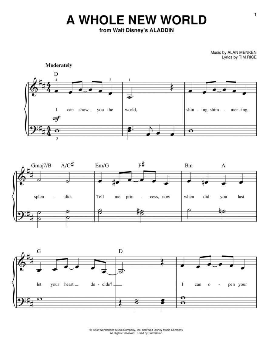 A Whole New World from Aladdin By Alan Menken Easy Piano Digital Sheet Music Sheet Music Plus
