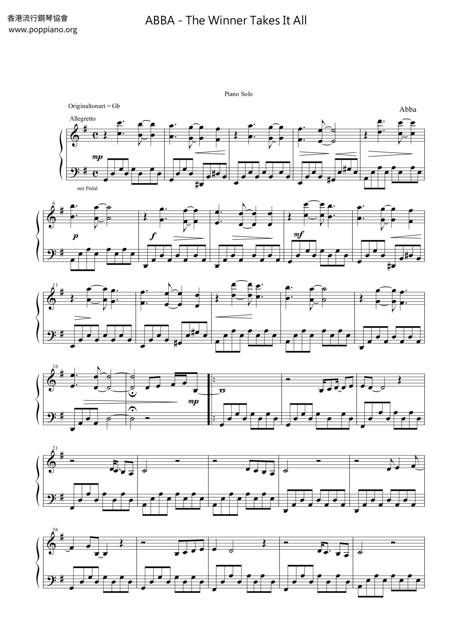  Abba The Winner Takes It All Sheet Music Pdf Free Score Download 