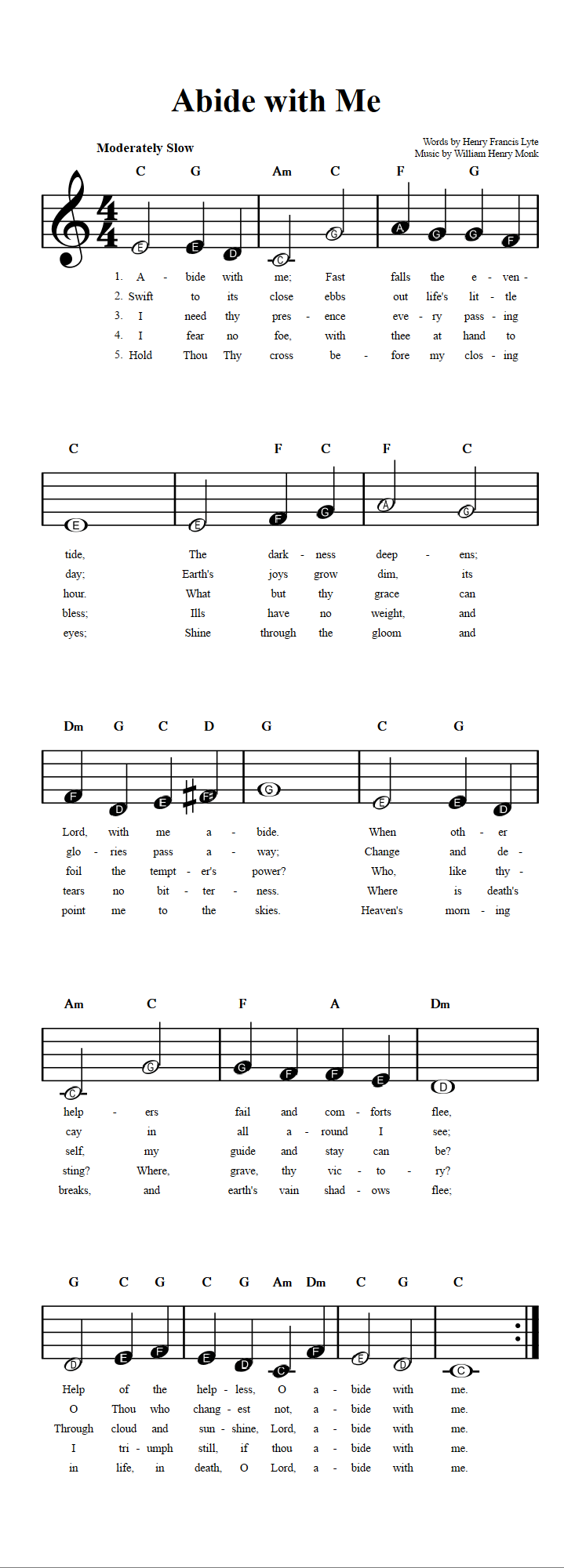 Abide With Me Beginner Sheet Music With Chords And Lyrics Abide With Me Beginner Sheet Music With Chords And Lyrics