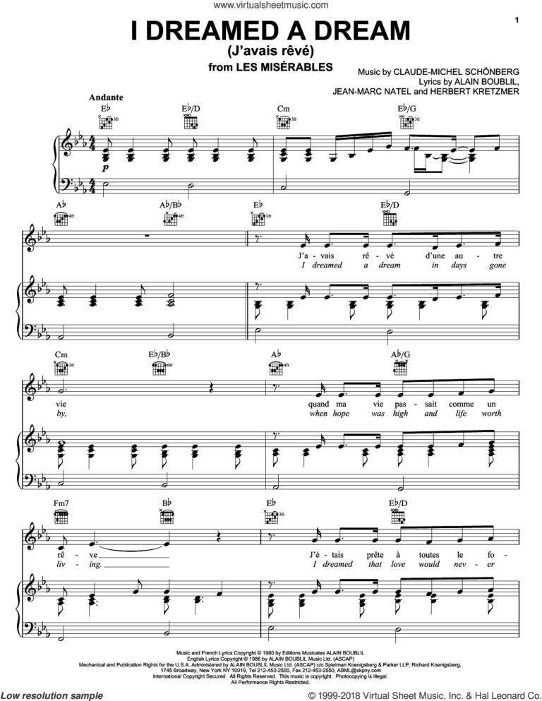 Alain Boublil I Dreamed A Dream Sheet Music For Voice Piano Or Guitar V2