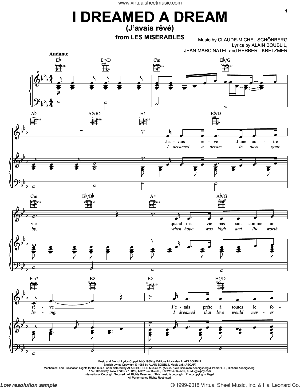Alain Boublil I Dreamed A Dream Sheet Music For Voice Piano Or Guitar V2