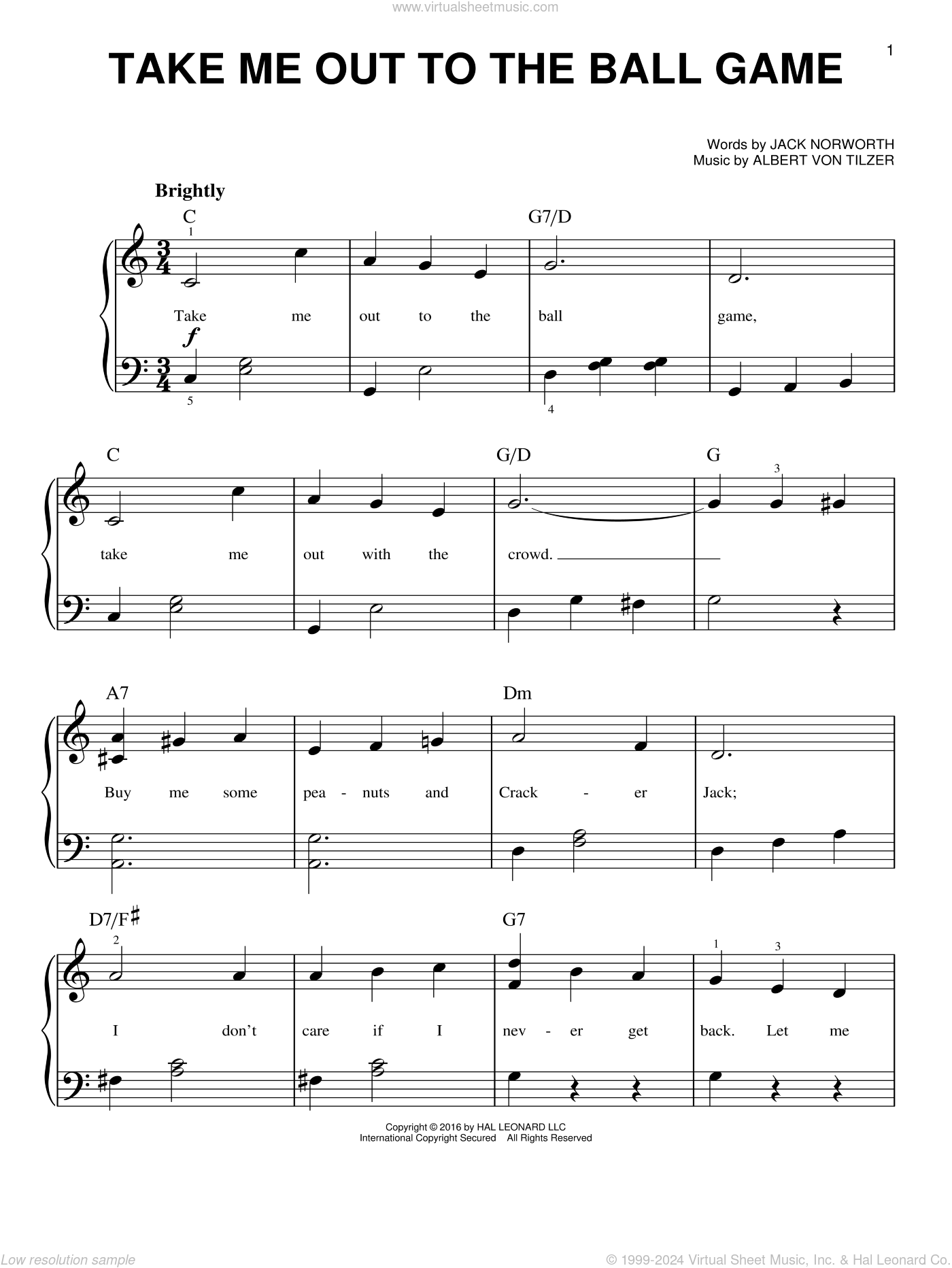 Albert Von Tilzer Take Me Out To The Ball Game Sheet Music For Piano Solo