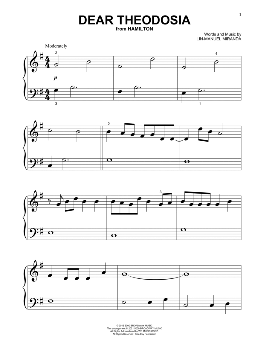 Alexander Hamilton Dear Theodosia Dear Theodosia from Hamilton Piano Solo Digital Sheet Music