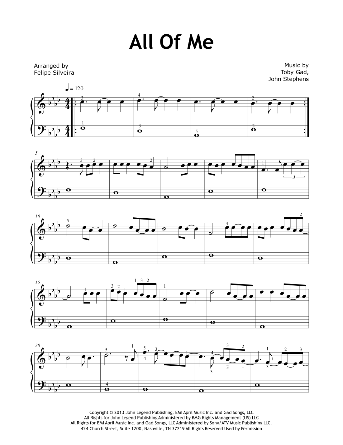 All Of Me arr Felipe Silveira By John Legend Sheet Music For Easy Piano At Sheet Music Direct