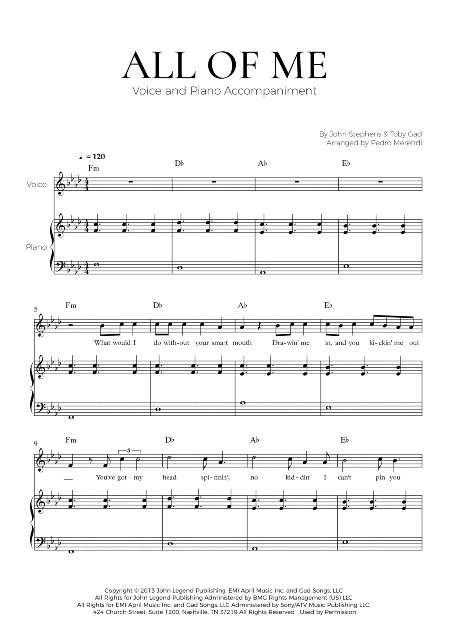 All Of Me arr Pedro Merendi By John Legend Sheet Music For Piano Vocal At Sheet Music Direct