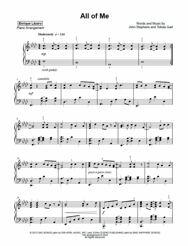 All Of Me John Legend Piano Sheet Music Enrique L zaro Pianist Arranger Official Website