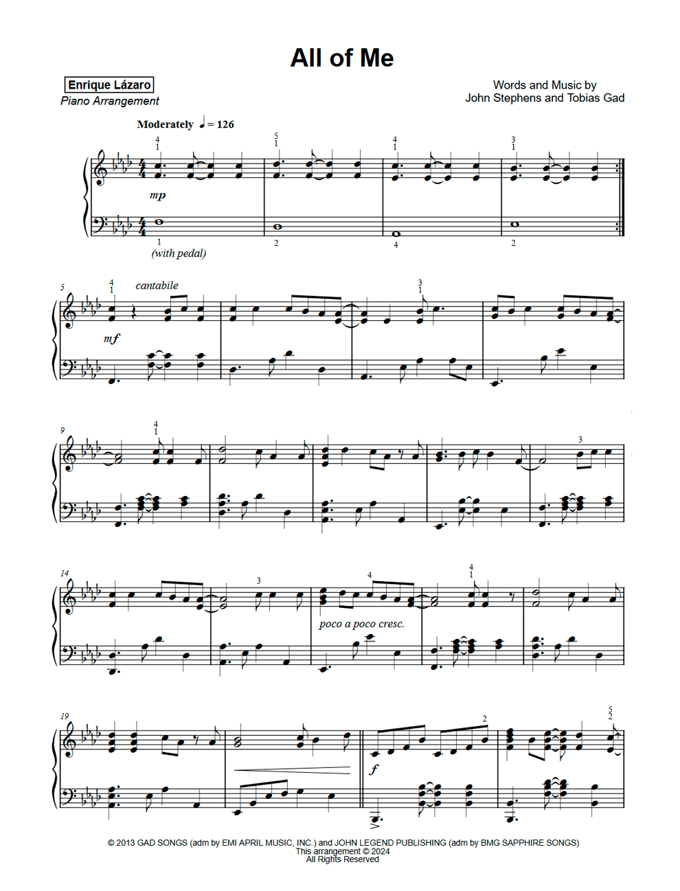 All Of Me John Legend Piano Sheet Music Enrique L zaro Pianist Arranger Official Website
