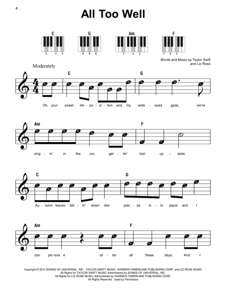 All Too Well By Taylor Swift Easy Piano Digital Sheet Music Sheet Music Plus
