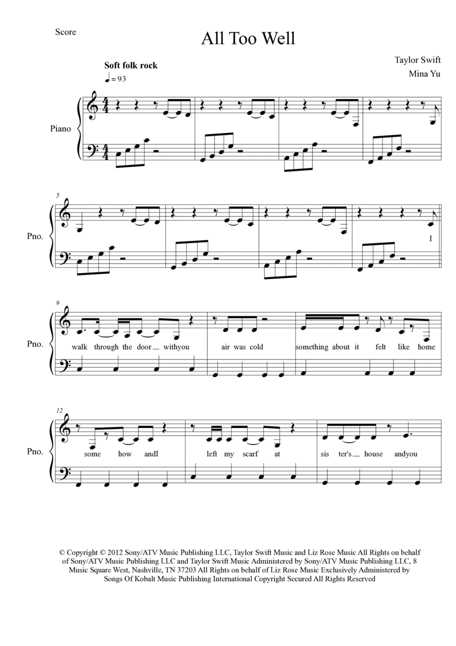 All Too Well By Taylor Swift Piano Solo Digital Sheet Music Sheet Music Plus