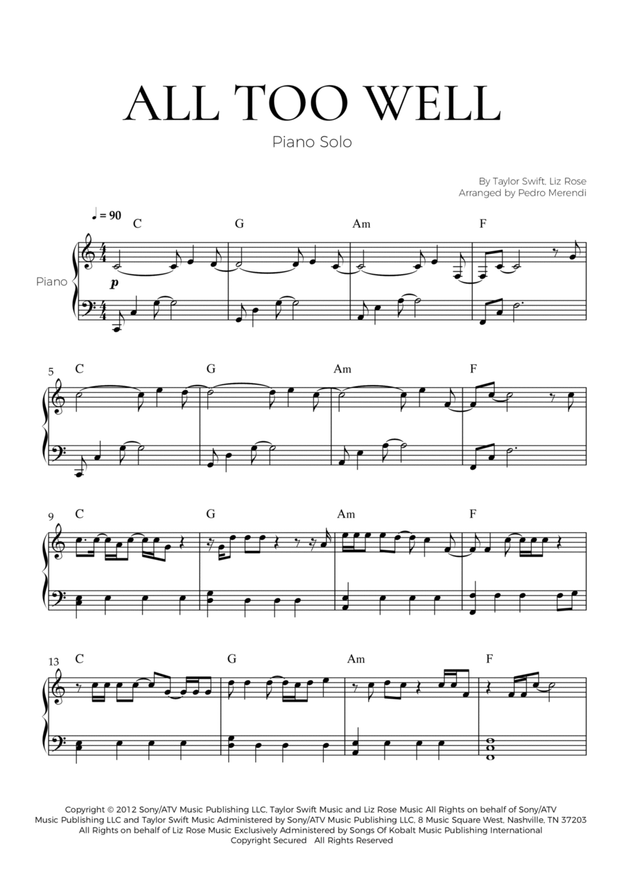 All Too Well By Taylor Swift Piano Solo Digital Sheet Music Sheet Music Plus