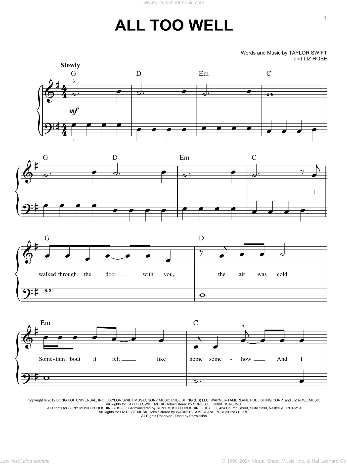 All Too Well easy Sheet Music For Piano Solo PDF interactive 