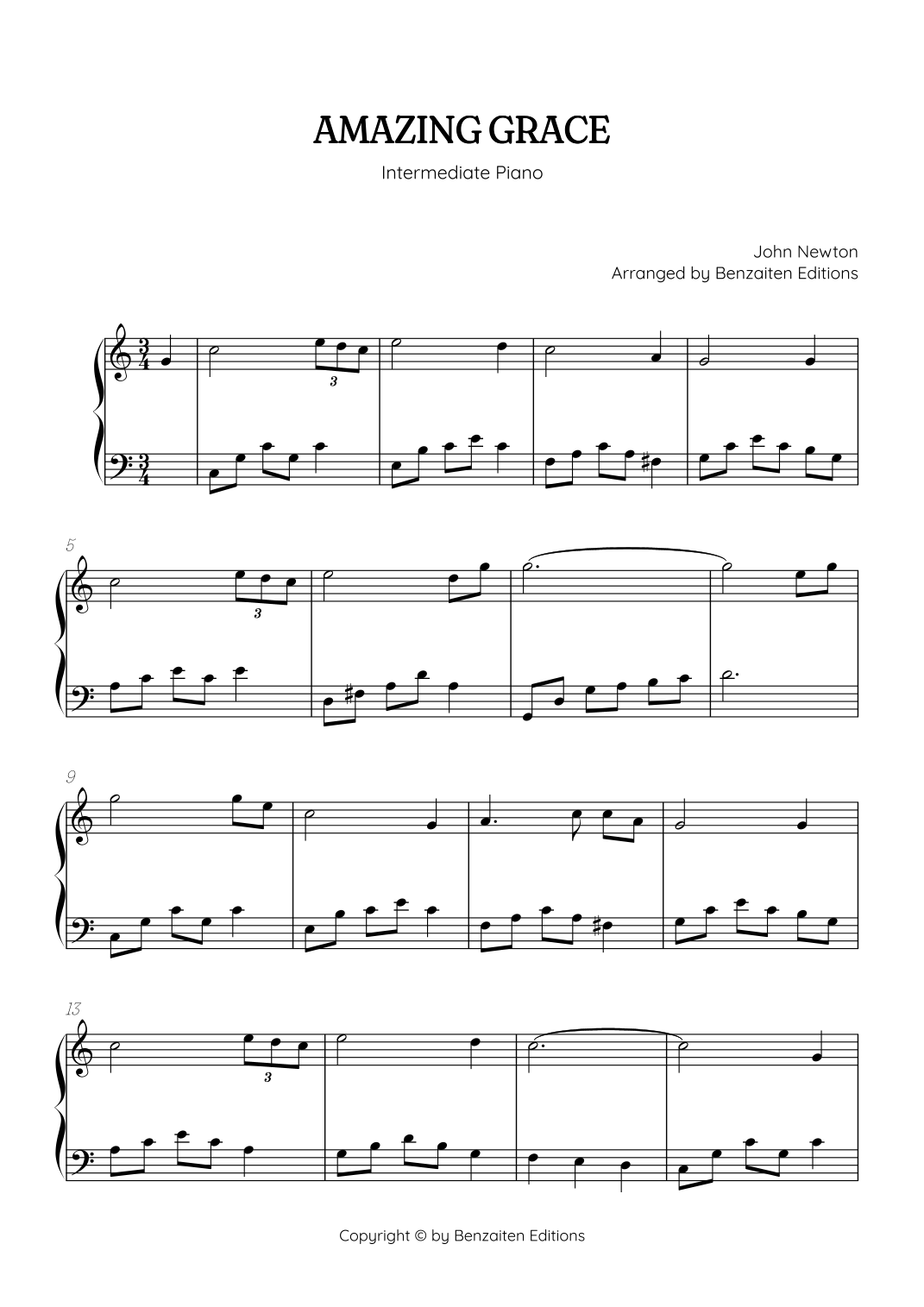 Amazing Grace Intermediate Piano Sheet Music arr Benzaiten Editions By John Newton Sheet Music For Piano Solo At Sheet Music Direct