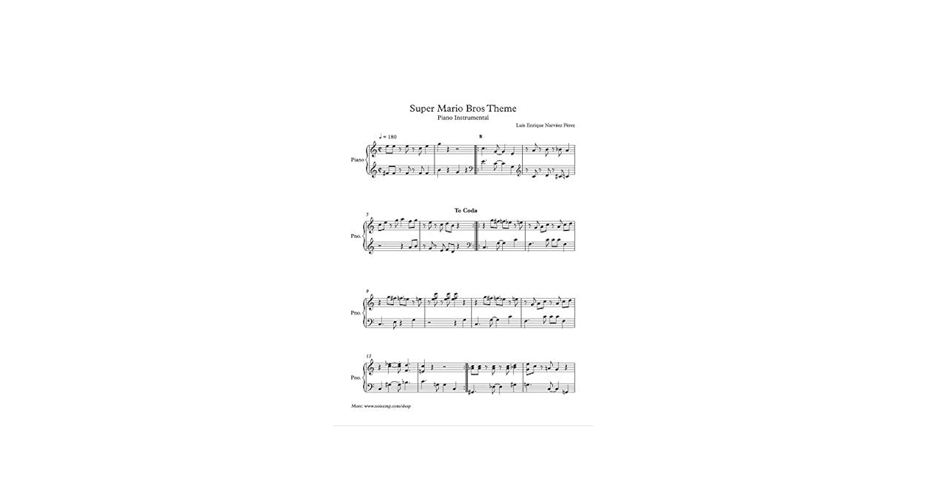 Amazon Super Mario Bros Theme Piano Sheet Music Instrumental Version Sheet Music For Piano 1 Book 14 EBook Narv ez P rez Luis Enrique Books