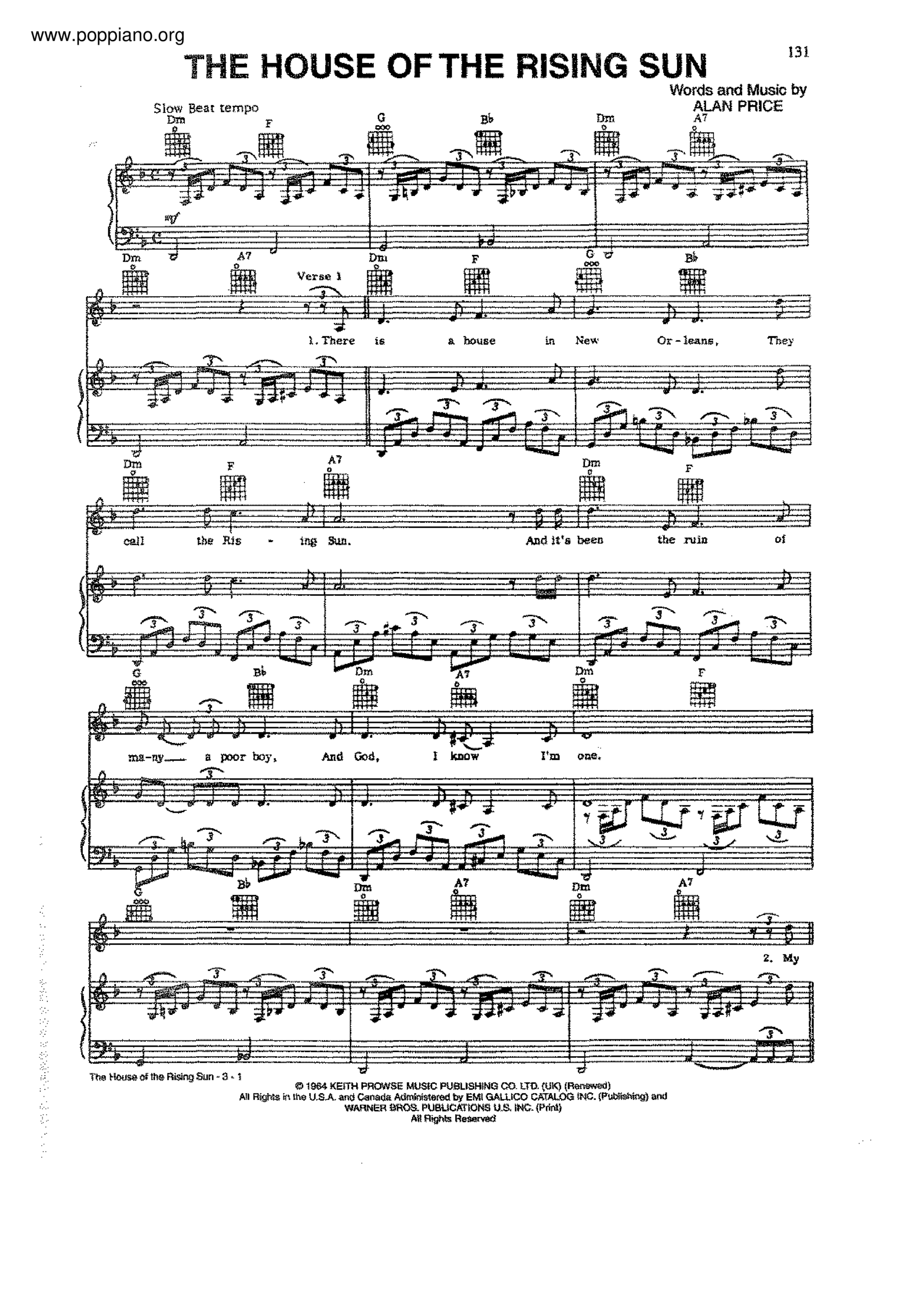 house of the rising sun piano sheet music