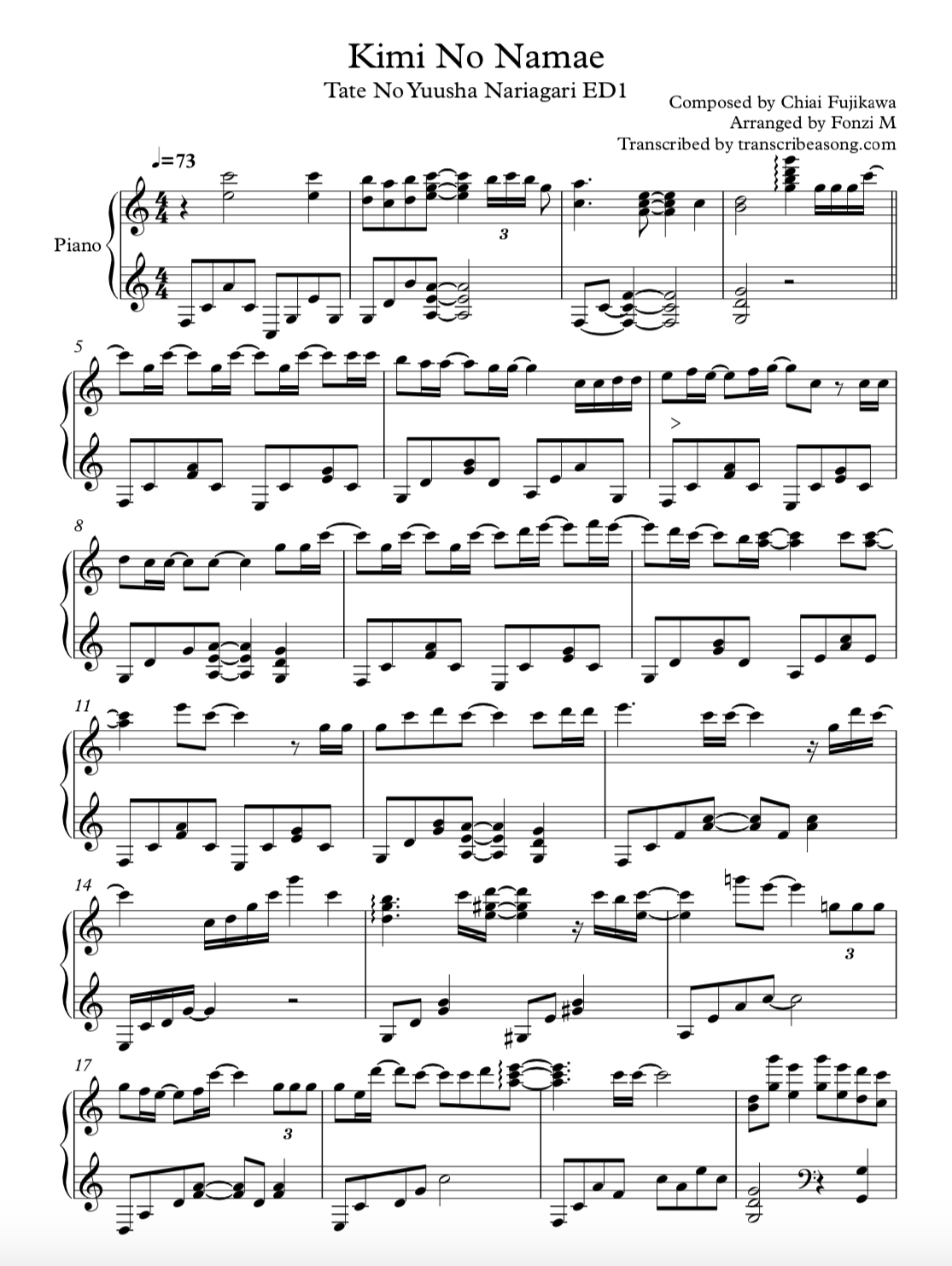 Anime Sheet Music Transcription Sample Page Transcribe A Song