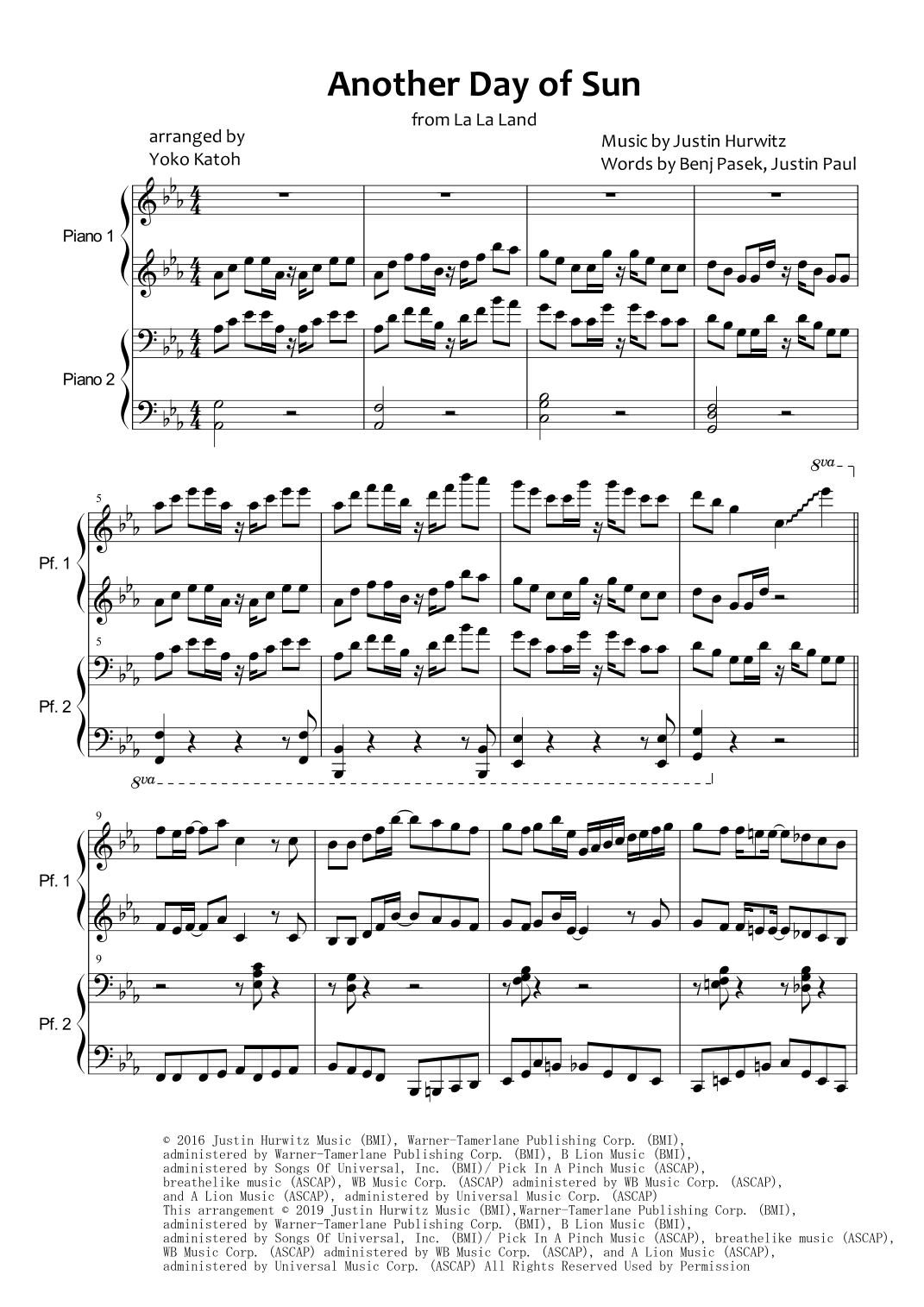 Another Day Of Sun arr Yoko Katoh By Justin Hurwitz Sheet Music For Piano Duet At Sheet Music Direct
