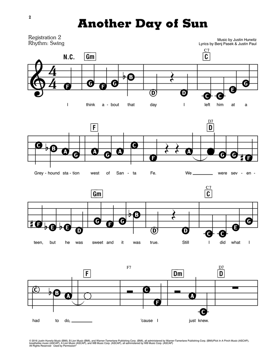 Another Day Of Sun from La La Land Electronic Keyboard Organ Accompaniment Easy Piano Digital Sheet Music Sheet Music Plus