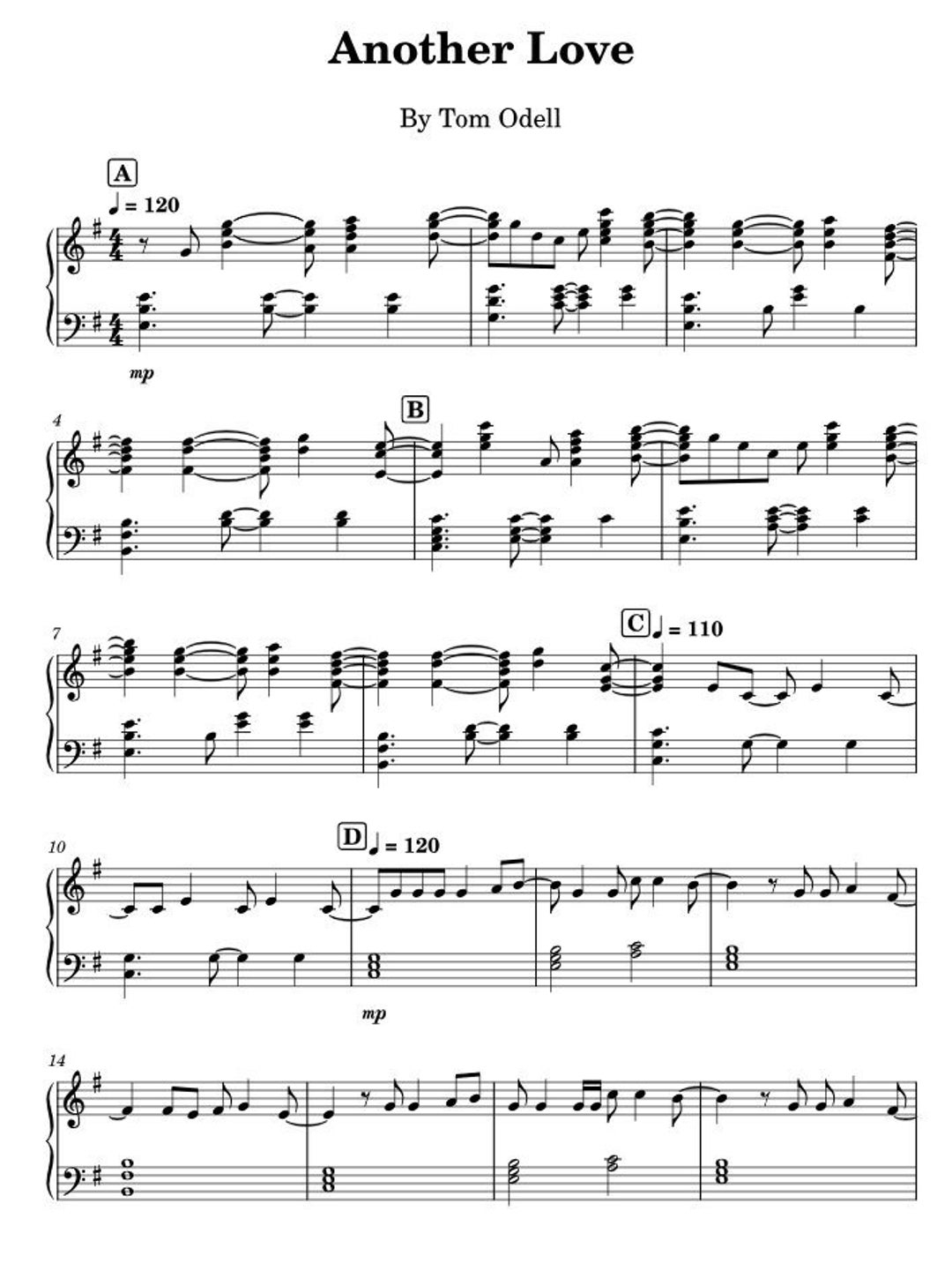 Another Love Tom Odell Official Sheet Music Downloadable PDF Etsy
