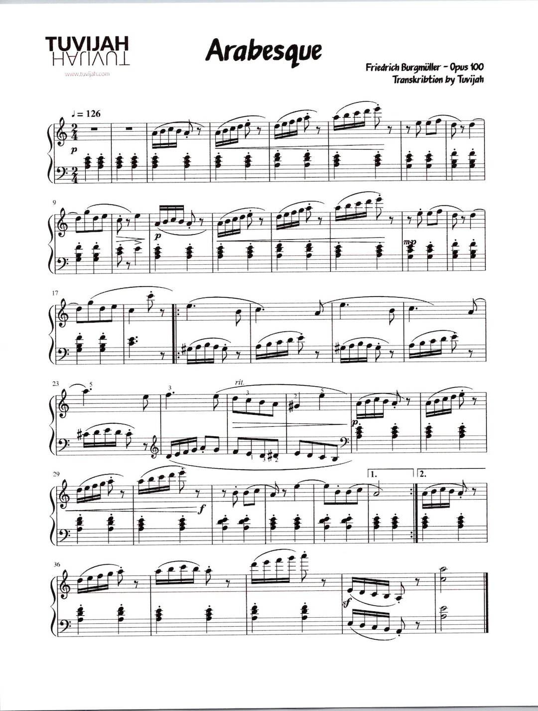 Arabesque By Burgmuller Opus 100 Digital Sheet Music Key Of A Minor Etsy Hong Kong