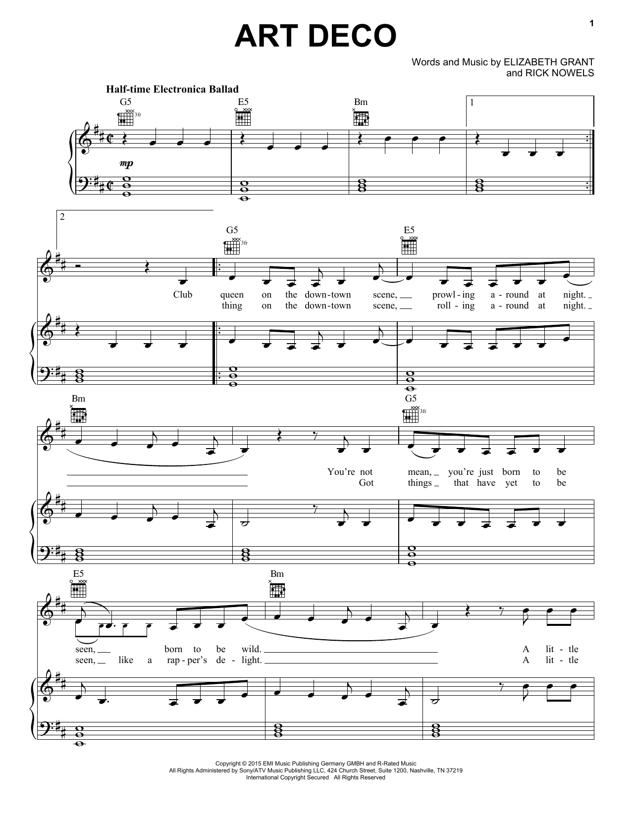 Art Deco By Lana Del Rey Sheet Music For Piano Vocal Guitar Chords Right Hand Melody At Sheet Music Direct