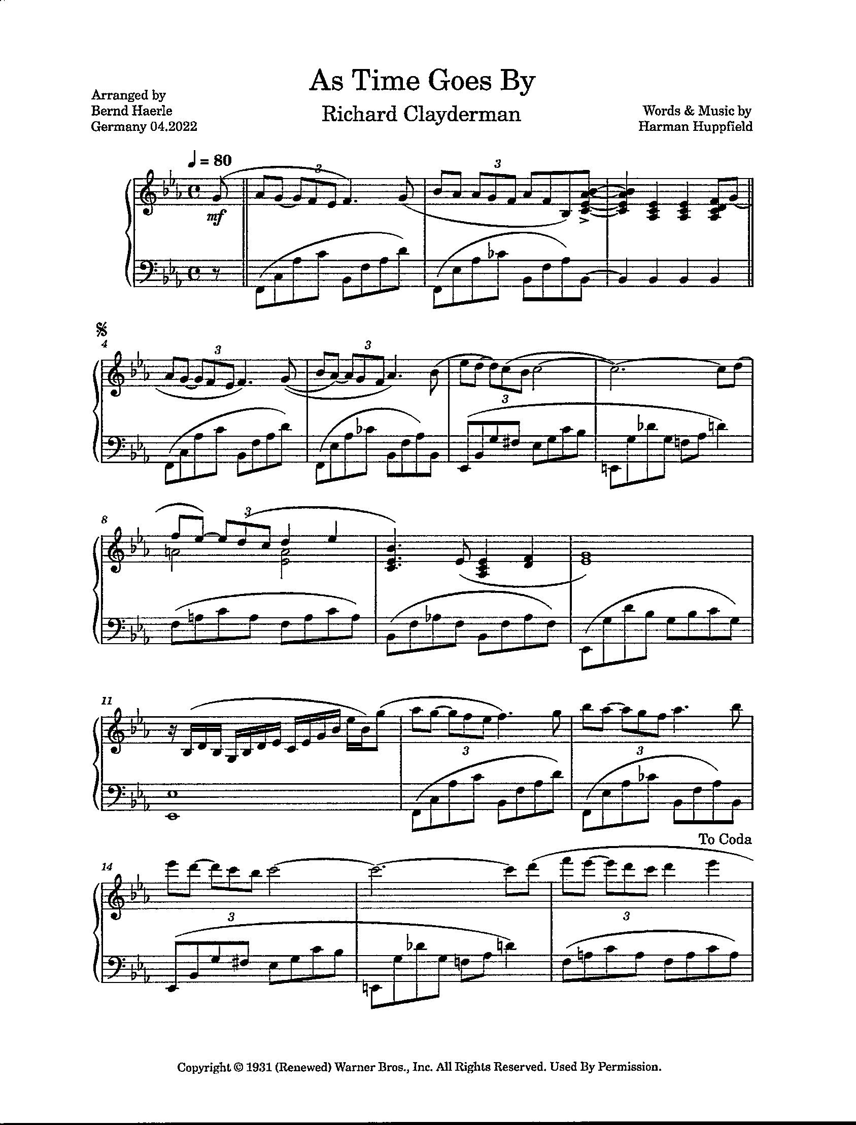 As Time Goes By Digital Piano Solo Key Of E Flat Intermediate Level Etsy