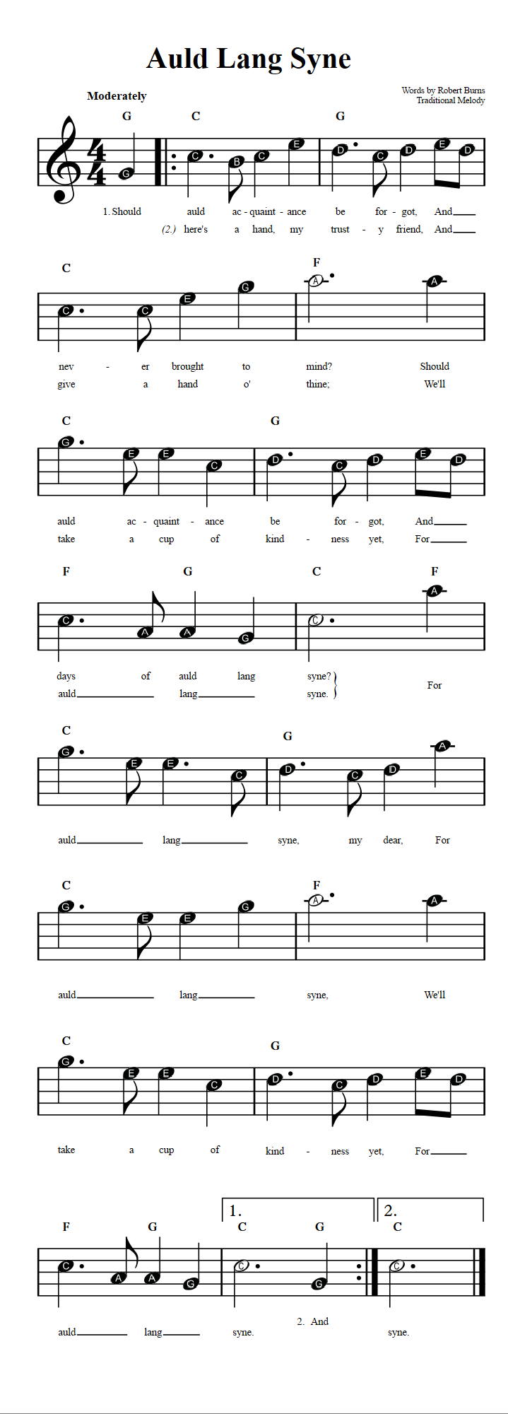 Auld Lang Syne Beginner Sheet Music With Chords And Lyrics Auld Lang Syne Beginner Sheet Music With Chords And Lyrics