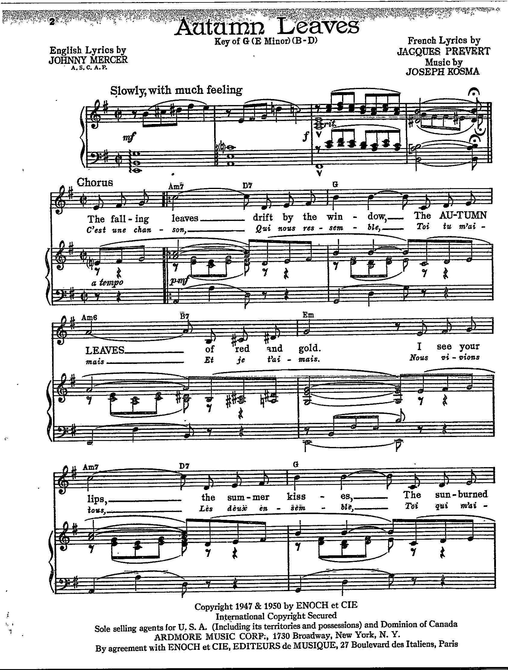 Autumn Leaves By Johnny Mercer Digital Sheet Music Piano Vocal Guitar Key Of E Minor Etsy