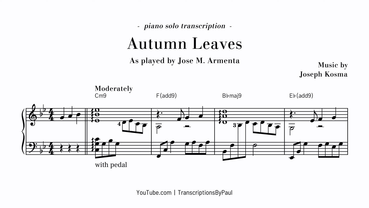 Autumn Leaves For Solo Piano Sheet Music Transcription YouTube