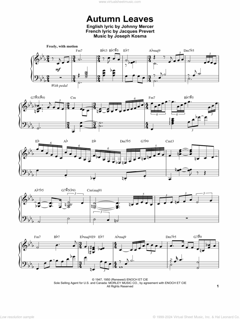 Autumn Leaves Sheet Music For Piano Solo transcription PDF 