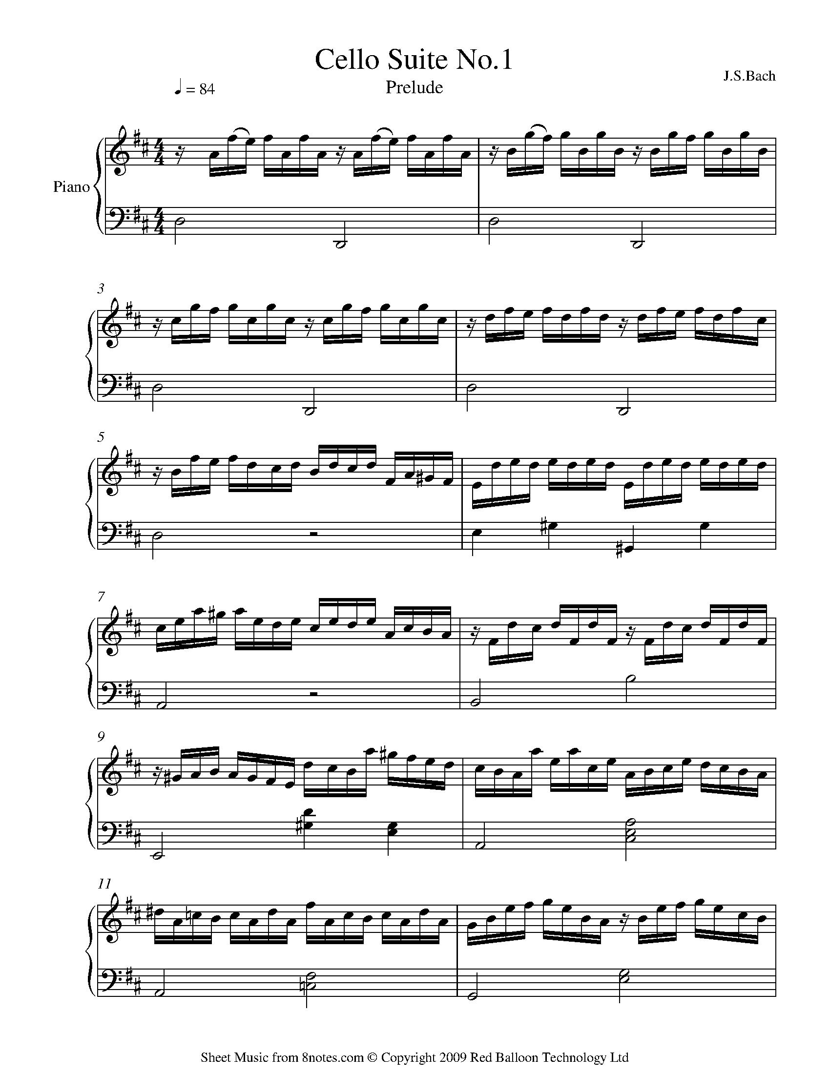 Bach Johann Sebastian Prelude From Cello Suite No 1 For Piano Free Sheet Music For Piano 8notes