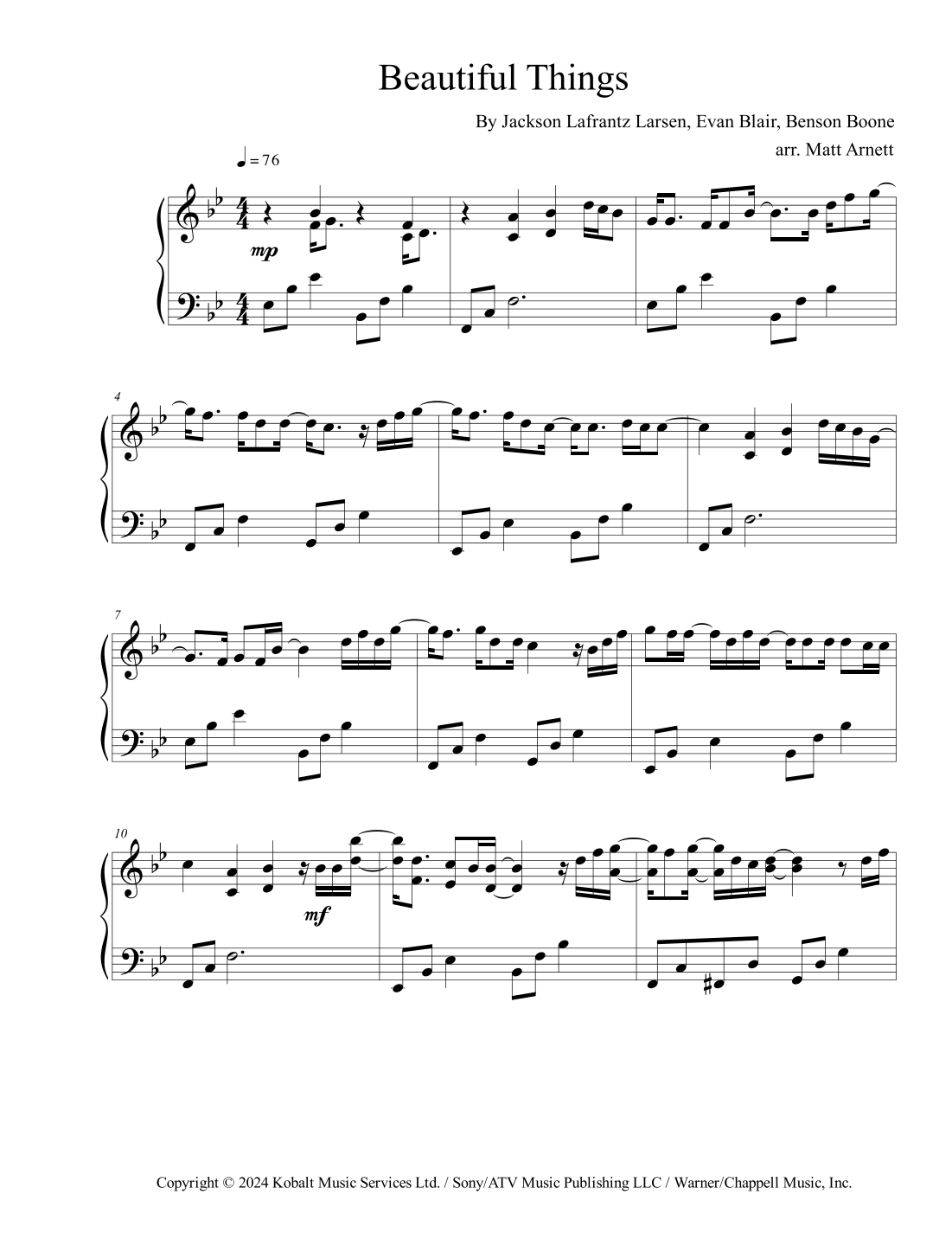 Beautiful Things arr Matt Arnett By Benson Boone Sheet Music For Piano Solo At Sheet Music Direct