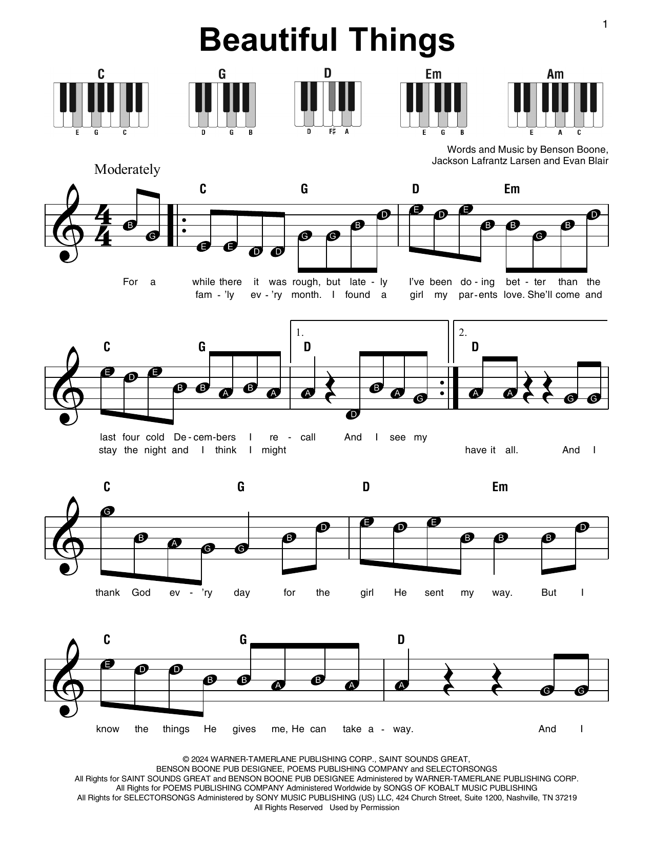 Beautiful Things By Benson Boone Sheet Music For Super Easy Piano At Sheet Music Direct