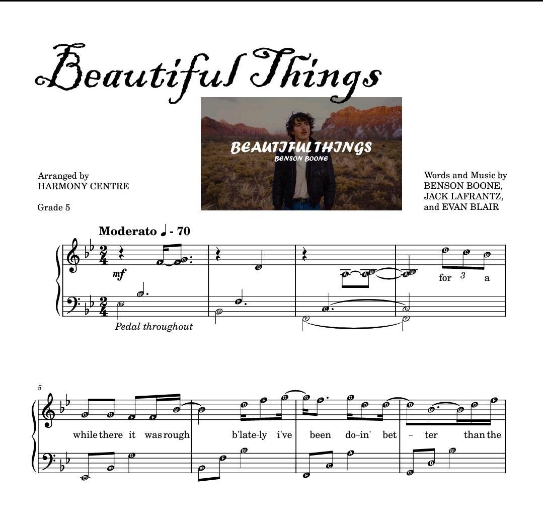 Beautiful Things Piano Sheet Music Score With Note Names Lyrics G5 Etsy