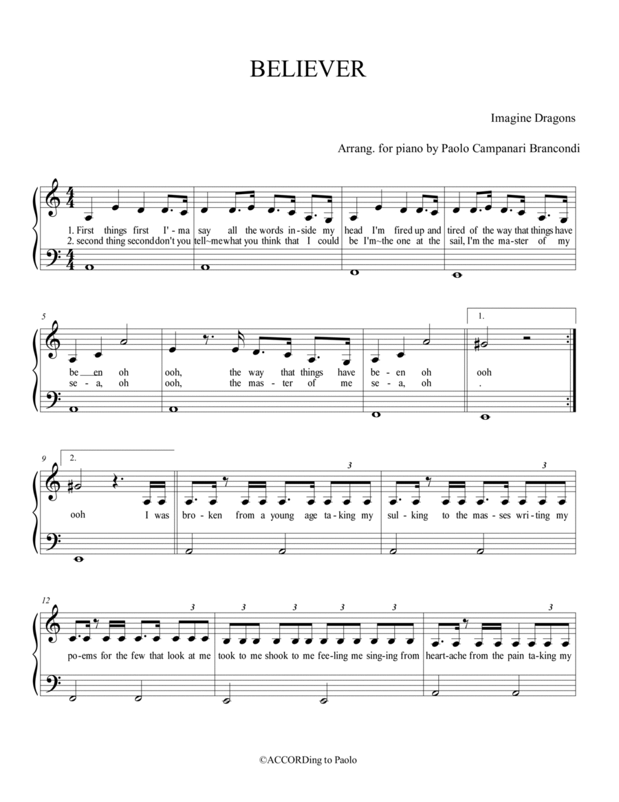 believer piano sheet music imagine dragons believer piano sheet music imagine dragons