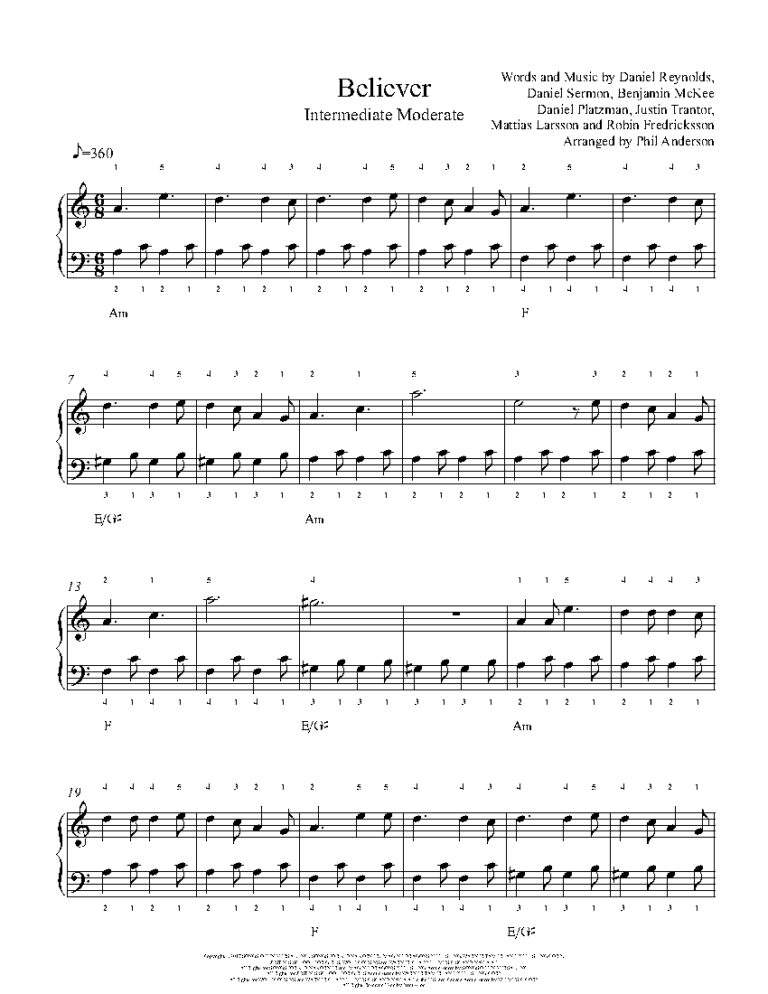 Believer By Imagine Dragons Sheet Music Lesson Intermediate Level